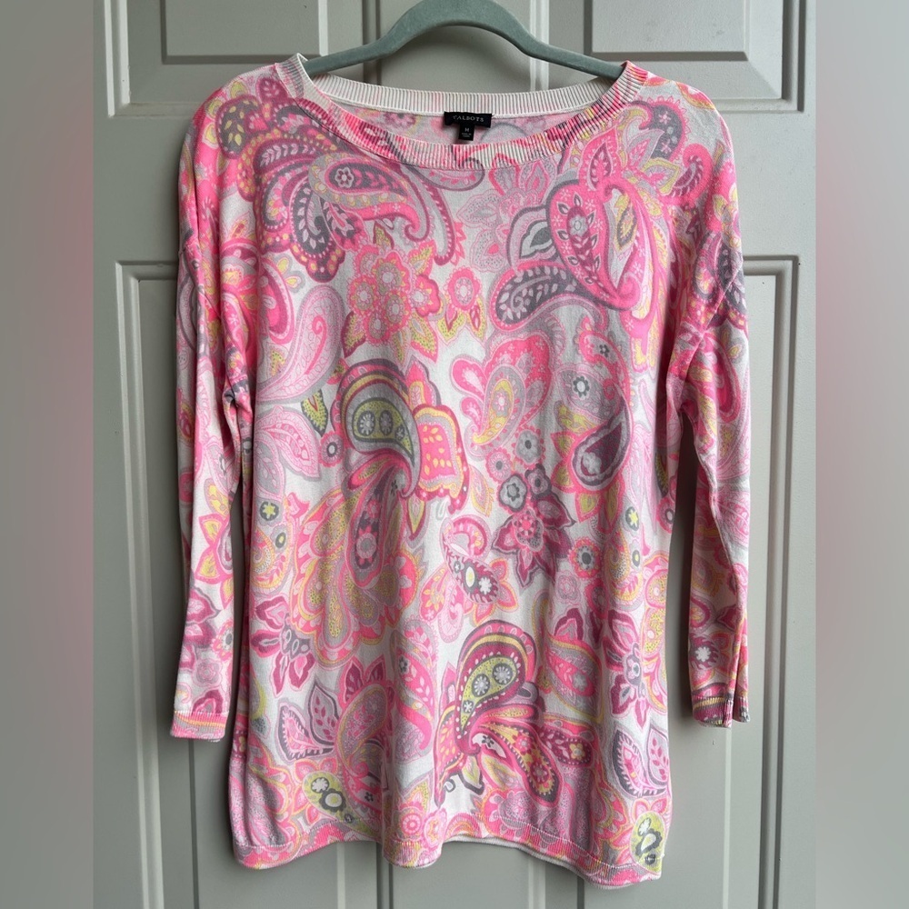 Talbots Pink Paisley Sweater Women Size M Lightweight Cotton Blend Crewneck